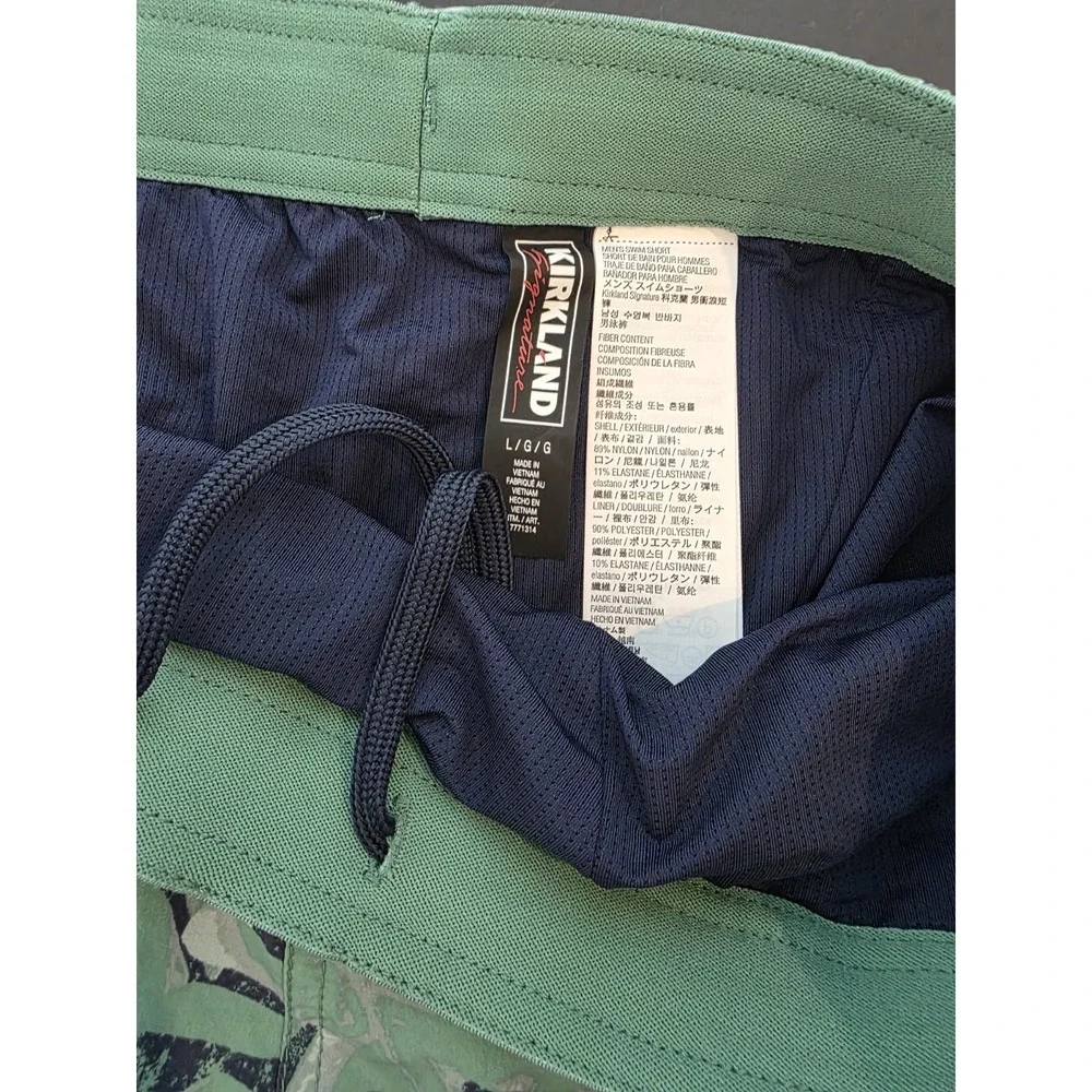Mens Kirkland Swim Trunks Green Blue Leaf Print SzL‎ Elastic Lined BackZipPocket